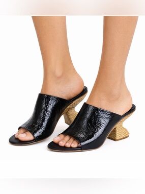 Paloma Barceló Black Calf Leather Open Toe Sandals Raffia Heel 39 Quiet Luxury